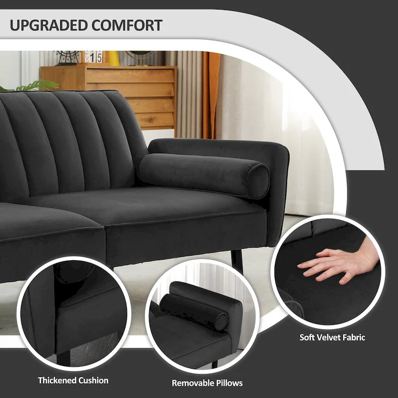 Velvet Futon Sofa Bed Convertible Sofa Couch with Adjustable Backrest, Daybed Guest Bed for Living Room - 2-Person