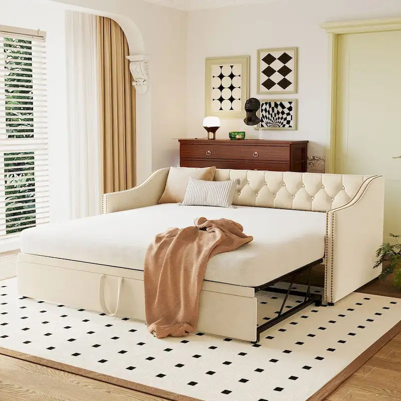 Twin Size Upholstered Sofa Bed with Trundle and Latest Integrated Bluetooth Audio System,Teddy Fleece