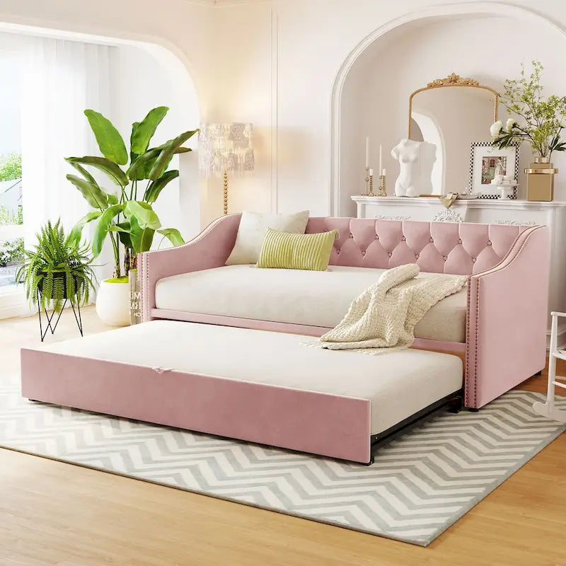 Twin Size Upholstered Sofa Bed with Trundle and Latest Integrated Bluetooth Audio System,Teddy Fleece