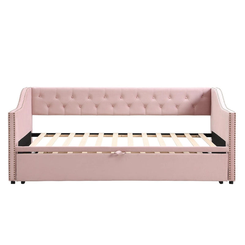 Twin Size Upholstered Sofa Bed with Trundle and Latest Integrated Bluetooth Audio System,Teddy Fleece