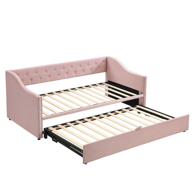 Twin Size Upholstered Sofa Bed with Trundle and Latest Integrated Bluetooth Audio System,Teddy Fleece