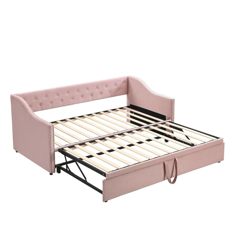Twin Size Upholstered Sofa Bed with Trundle and Latest Integrated Bluetooth Audio System,Teddy Fleece