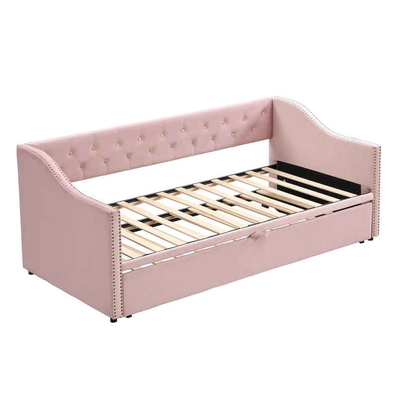 Twin Size Upholstered Sofa Bed with Trundle and Latest Integrated Bluetooth Audio System,Teddy Fleece