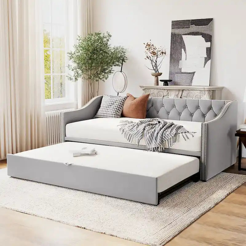 Twin Size Upholstered Sofa Bed with Trundle and Latest Integrated Bluetooth Audio System,Teddy Fleece