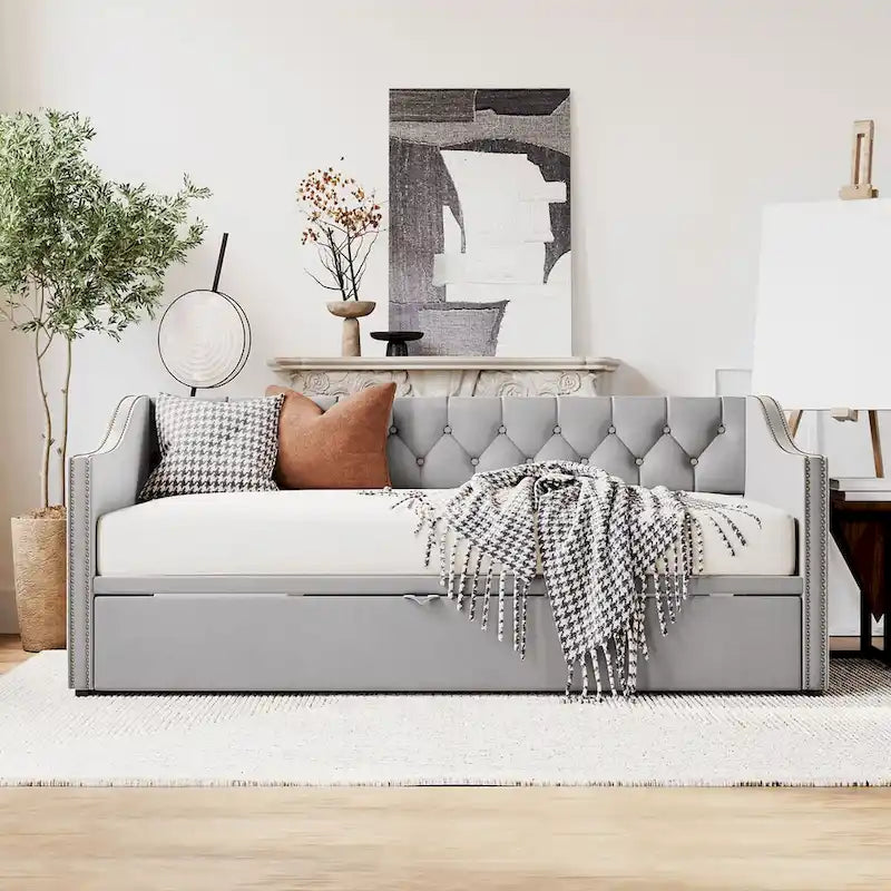 Twin Size Upholstered Sofa Bed with Trundle and Latest Integrated Bluetooth Audio System,Teddy Fleece