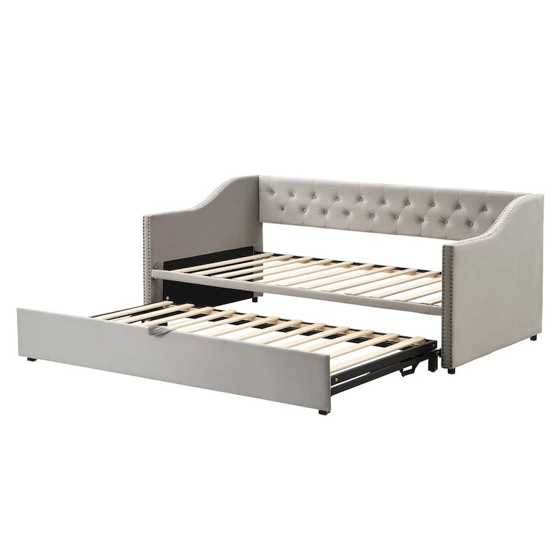 Twin Size Upholstered Sofa Bed with Trundle and Latest Integrated Bluetooth Audio System,Teddy Fleece