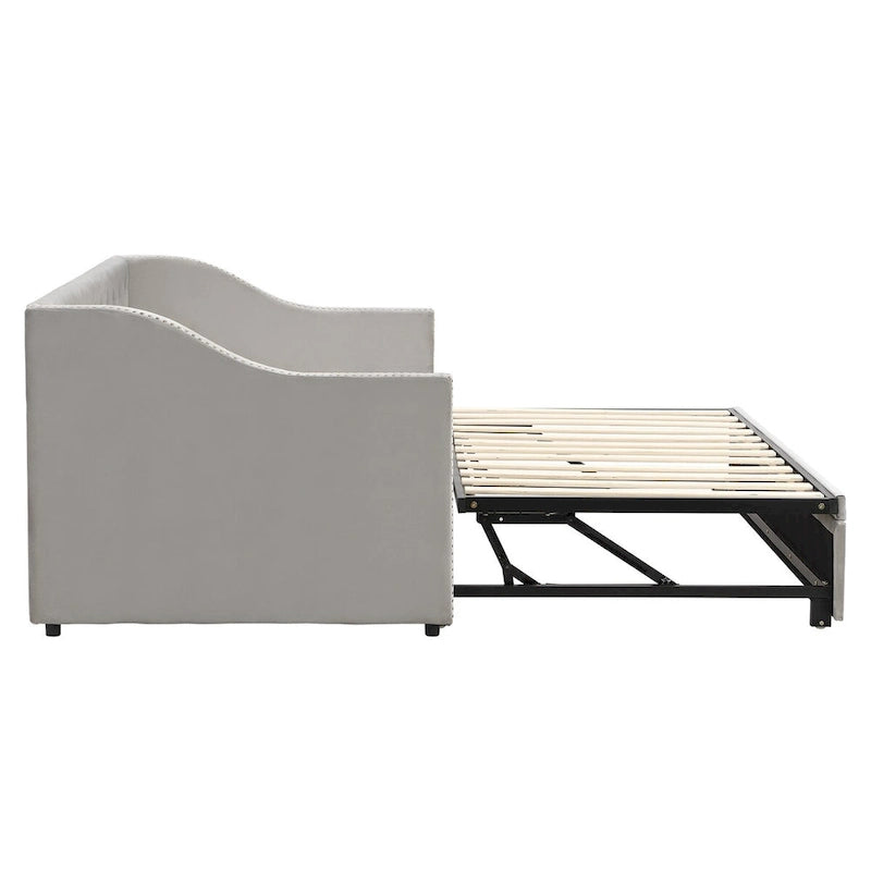 Twin Size Upholstered Sofa Bed with Trundle and Latest Integrated Bluetooth Audio System,Teddy Fleece