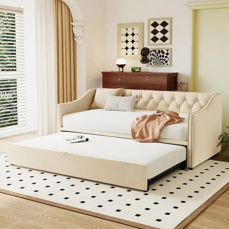 Twin Size Upholstered Sofa Bed with Trundle and Latest Integrated Bluetooth Audio System,Teddy Fleece