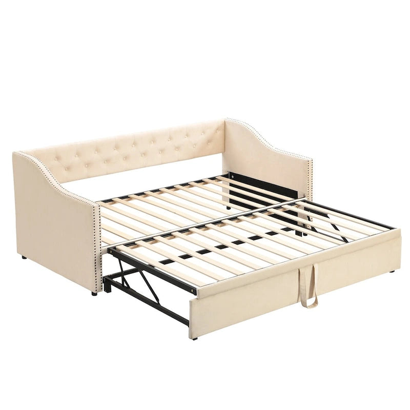 Twin Size Upholstered Sofa Bed with Trundle and Latest Integrated Bluetooth Audio System,Teddy Fleece