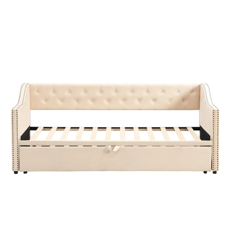 Twin Size Upholstered Sofa Bed with Trundle and Latest Integrated Bluetooth Audio System,Teddy Fleece