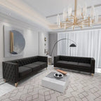2-Pieces Velvet Upholstered 3 Seat Sofa, Classic Chesterfield Couch Buttons Tufted Square Arm Sofa with Nailheads and Metal Legs