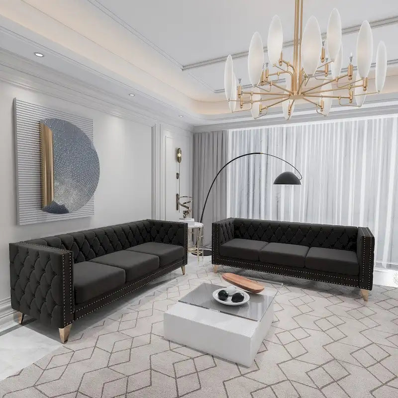 2-Pieces Velvet Upholstered 3 Seat Sofa, Classic Chesterfield Couch Buttons Tufted Square Arm Sofa with Nailheads and Metal Legs