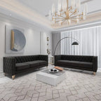 2-Pieces Velvet Upholstered 3 Seat Sofa, Classic Chesterfield Couch Buttons Tufted Square Arm Sofa with Nailheads and Metal Legs