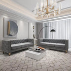 2-Pieces Velvet Upholstered 3 Seat Sofa, Classic Chesterfield Couch Buttons Tufted Square Arm Sofa with Nailheads and Metal Legs
