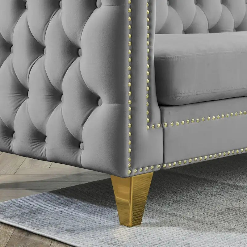 2-Pieces Velvet Upholstered 3 Seat Sofa, Classic Chesterfield Couch Buttons Tufted Square Arm Sofa with Nailheads and Metal Legs