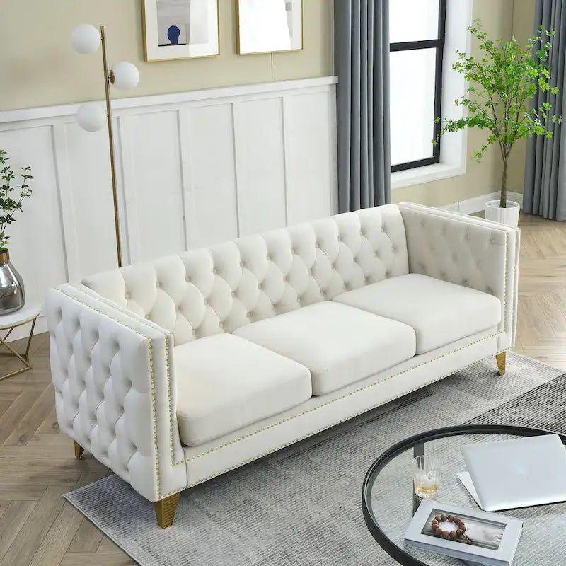 2-Pieces Velvet Upholstered 3 Seat Sofa, Classic Chesterfield Couch Buttons Tufted Square Arm Sofa with Nailheads and Metal Legs
