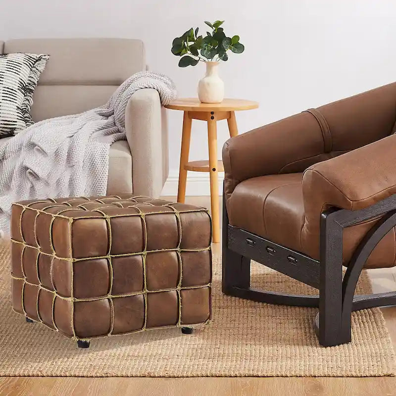 Art Leon Top Grain Leather Square Pouf Ottoman