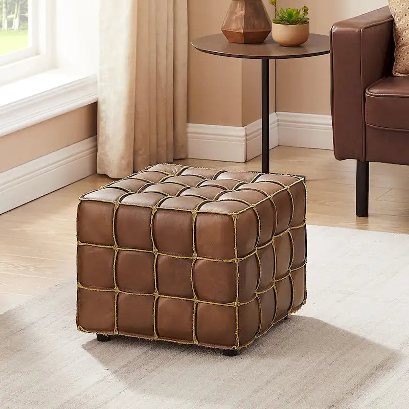 Art Leon Top Grain Leather Square Pouf Ottoman