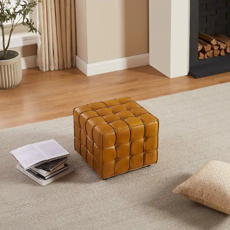 Art Leon Top Grain Leather Square Pouf Ottoman