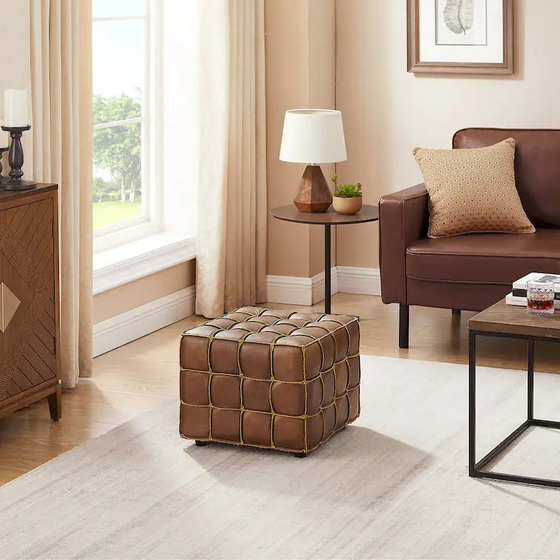 Art Leon Top Grain Leather Square Pouf Ottoman