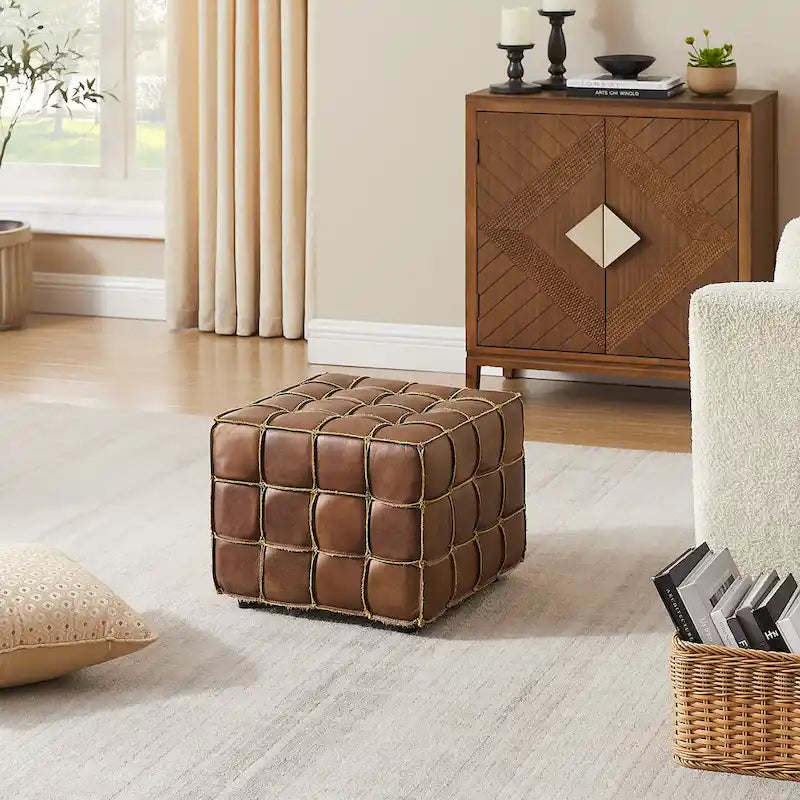 Art Leon Top Grain Leather Square Pouf Ottoman