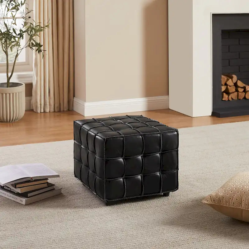 Art Leon Top Grain Leather Square Pouf Ottoman