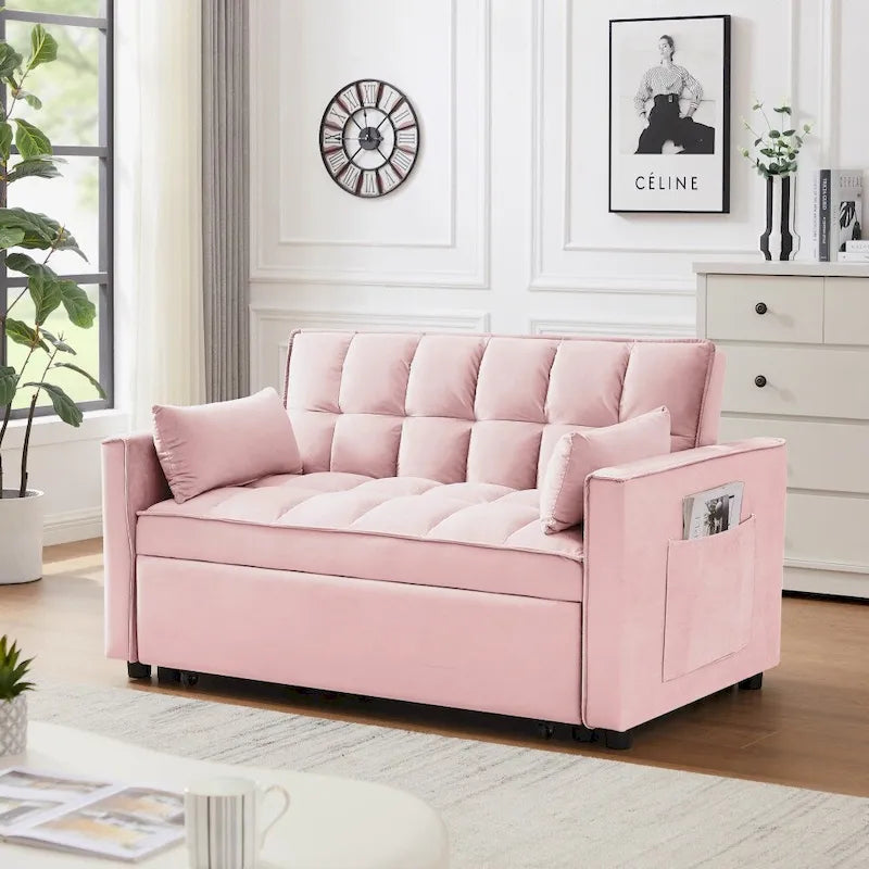 3 in 1 Convertible Velvet Sofa Couch w/Pullout Bed and Reclining Backres