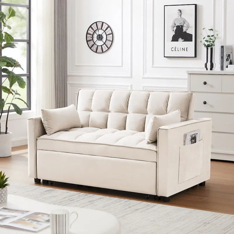 3 in 1 Convertible Velvet Sofa Couch w/Pullout Bed and Reclining Backres