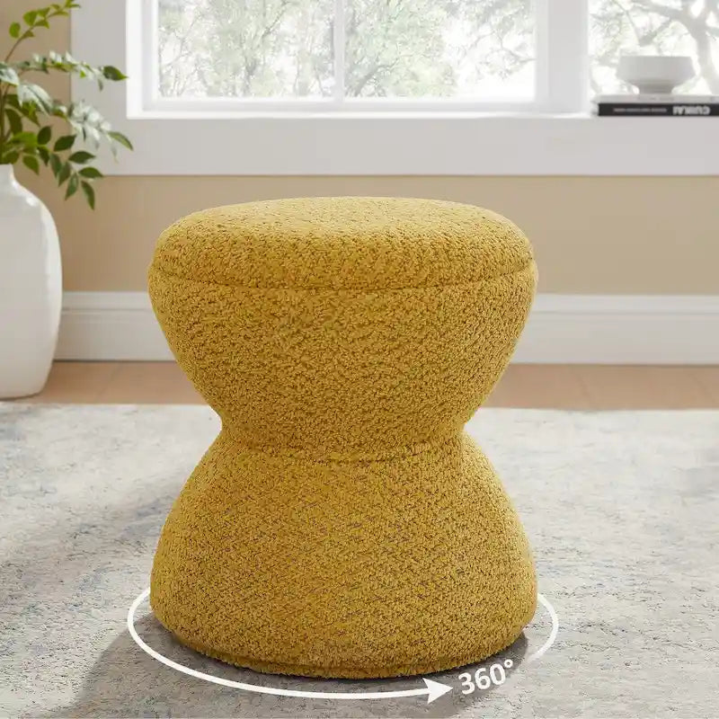 VANOMi Djembe Boucle Upholstered Ottoman with Swivel Base, Pouf, Swivel Vanity Stool for Living Room, Walk-in Closet