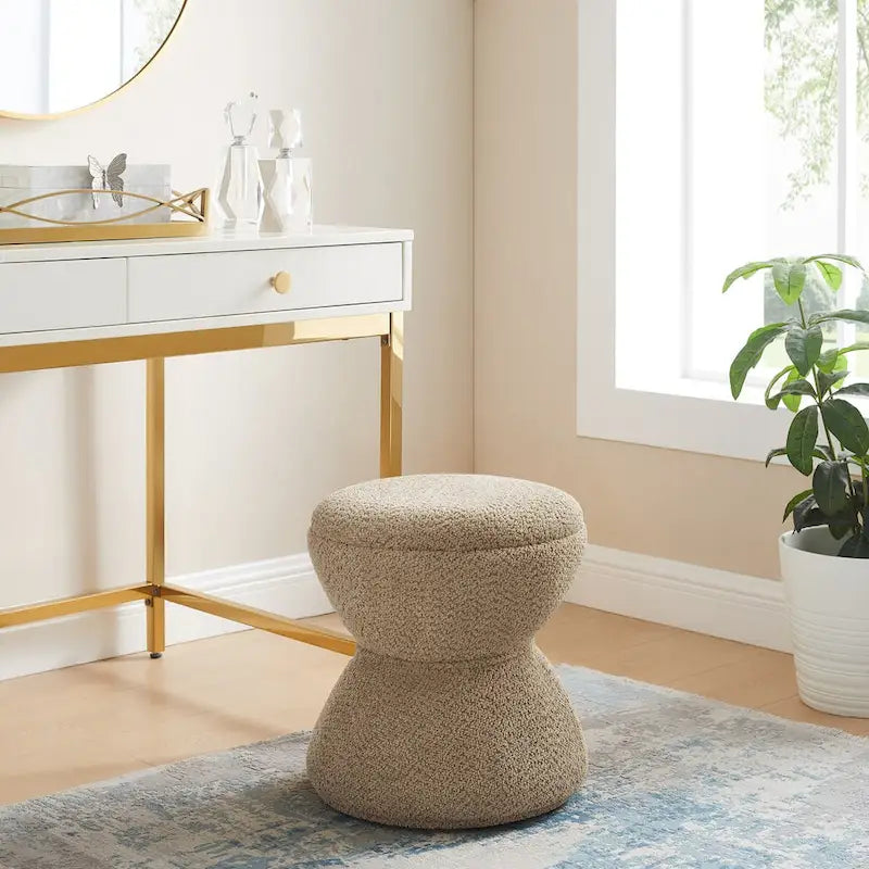 VANOMi Djembe Boucle Upholstered Ottoman with Swivel Base, Pouf, Swivel Vanity Stool for Living Room, Walk-in Closet
