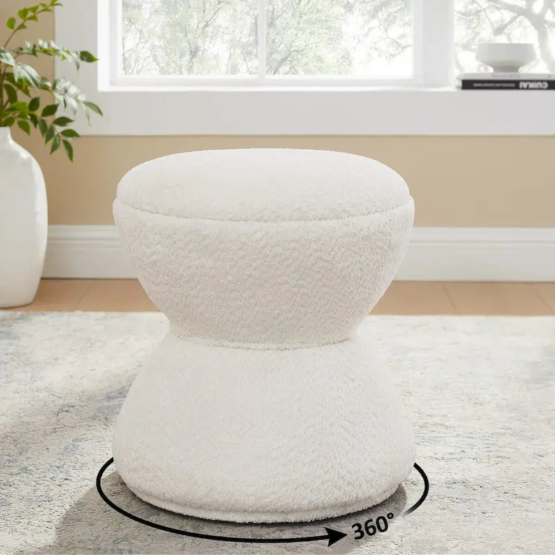 VANOMi Djembe Boucle Upholstered Ottoman with Swivel Base, Pouf, Swivel Vanity Stool for Living Room, Walk-in Closet