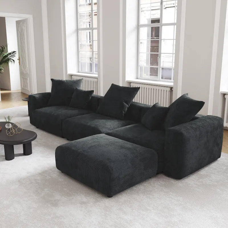 Black Corduroy Sectional Sofa Customized Sofa Couch with pillows.