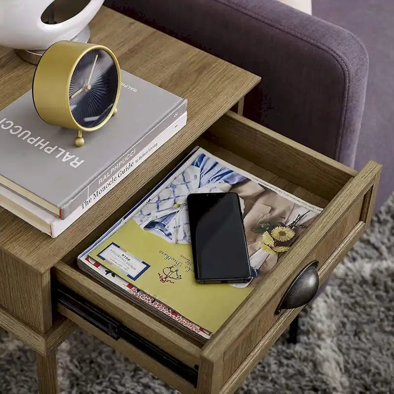 Caffoz Tall Side End Table with Fully Extended Drawer and USB Hub