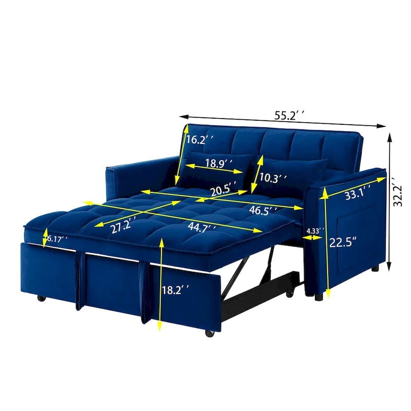 55.1-inch 3-in-1 convertible,modern velvet double sofa Futon sofa bed with adjustable back, storage bag and pillow