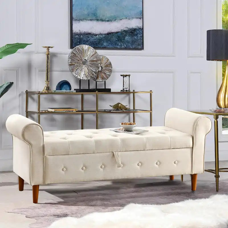 62  Bedroom Tufted Button Storage Bench, Window Bench, Rolled Arm Design for Bedroom, Living Room