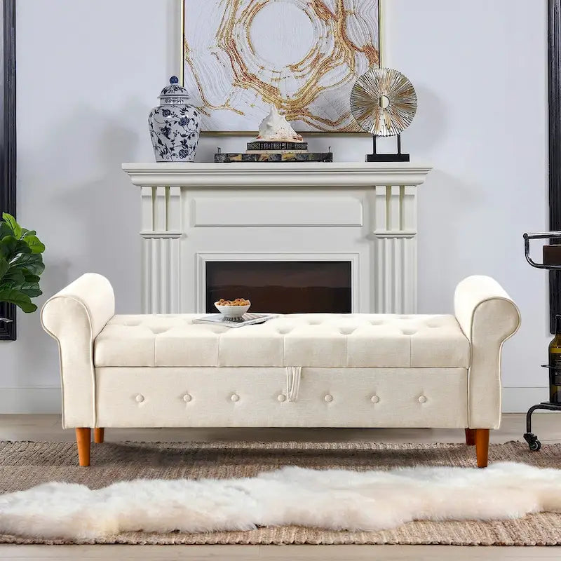 62  Bedroom Tufted Button Storage Bench, Window Bench, Rolled Arm Design for Bedroom, Living Room