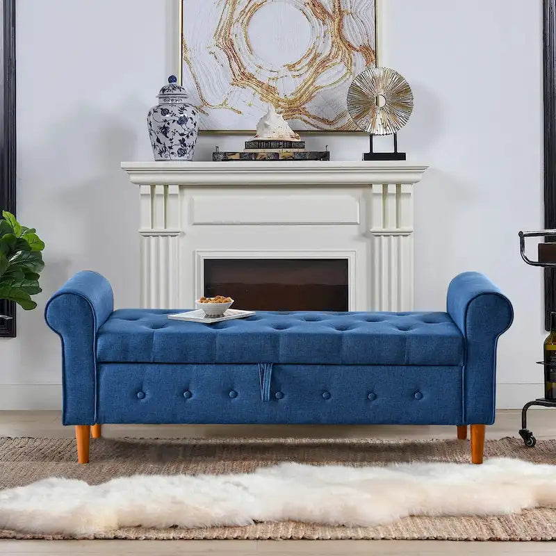 62  Bedroom Tufted Button Storage Bench, Window Bench, Rolled Arm Design for Bedroom, Living Room