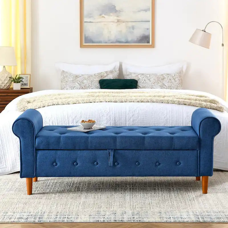 62  Bedroom Tufted Button Storage Bench, Window Bench, Rolled Arm Design for Bedroom, Living Room
