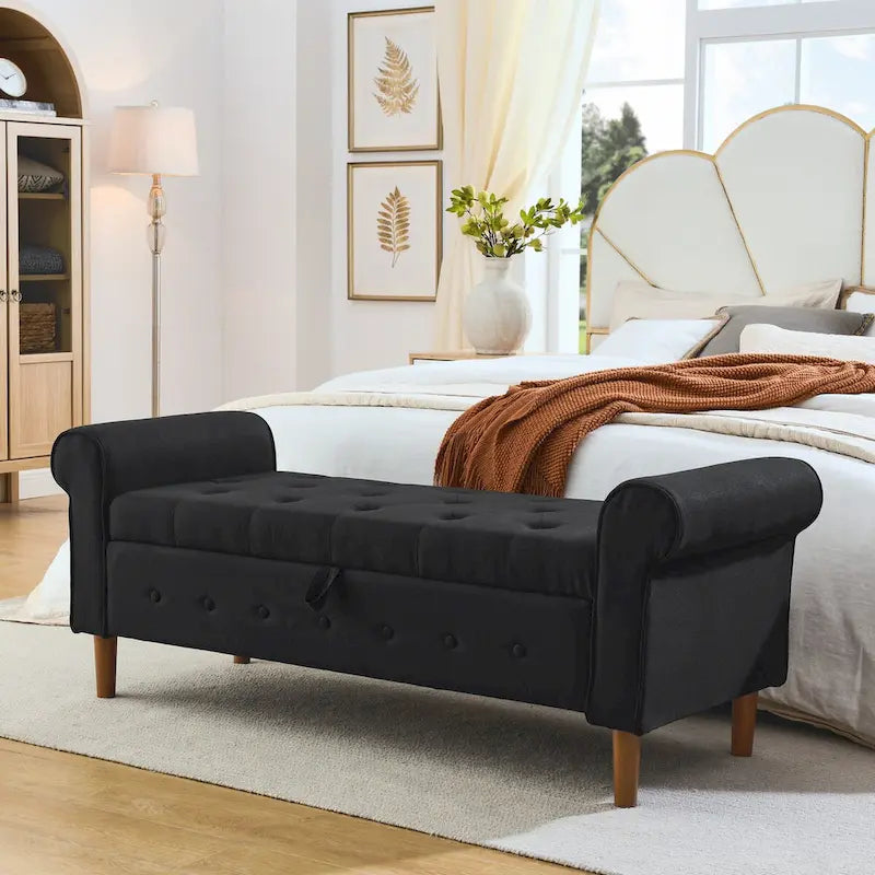 62  Bedroom Tufted Button Storage Bench, Window Bench, Rolled Arm Design for Bedroom, Living Room