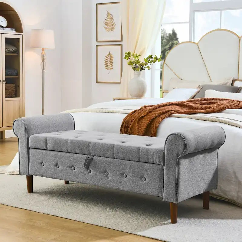 62  Bedroom Tufted Button Storage Bench, Window Bench, Rolled Arm Design for Bedroom, Living Room