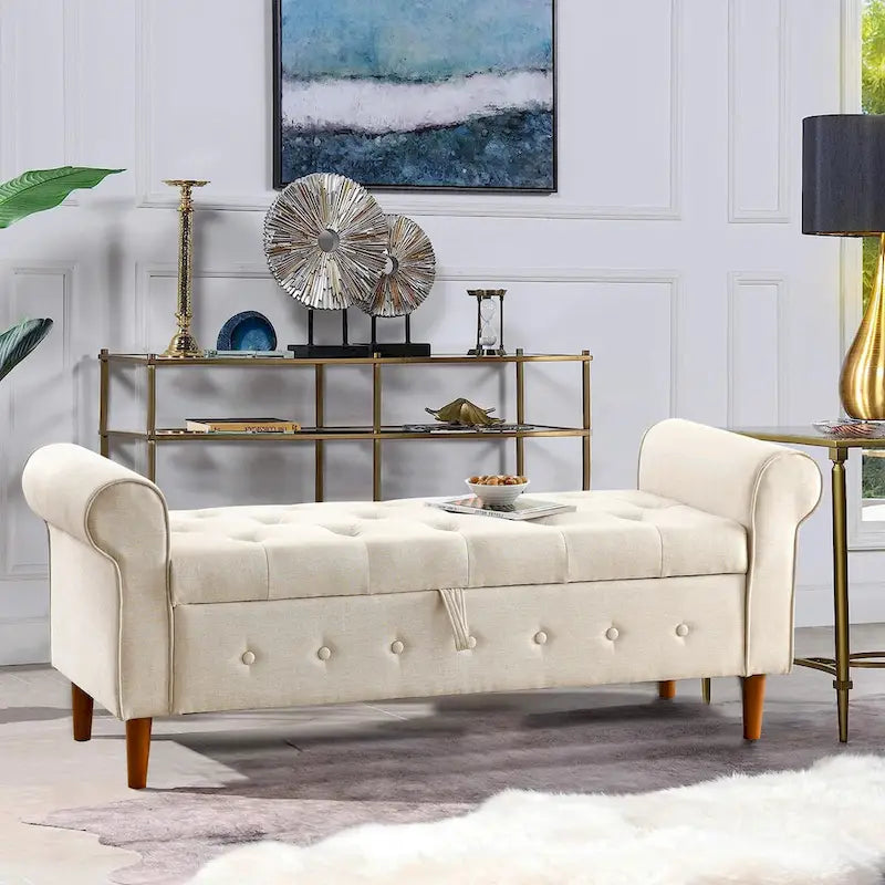 62  Bedroom Tufted Button Storage Bench, Window Bench, Rolled Arm Design for Bedroom, Living Room