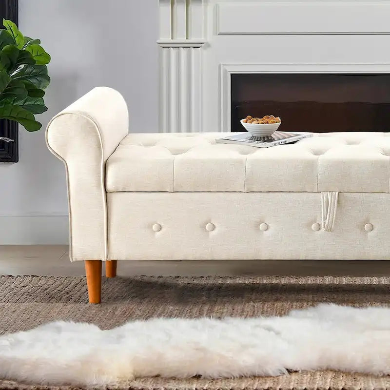 62  Bedroom Tufted Button Storage Bench, Window Bench, Rolled Arm Design for Bedroom, Living Room