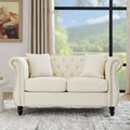 Beige Velvet Chesterfield Loveseat Sofa, Rolled Arms, Nailhead Trim