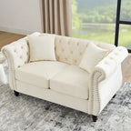 Beige Velvet Chesterfield Loveseat Sofa, Rolled Arms, Nailhead Trim