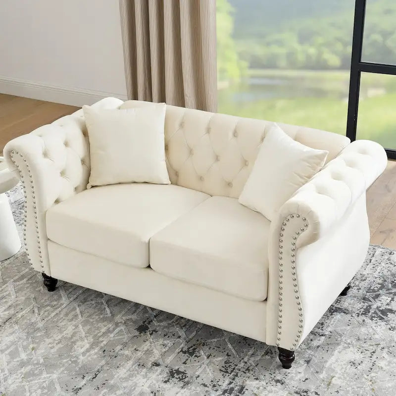 Beige Velvet Chesterfield Loveseat Sofa, Rolled Arms, Nailhead Trim