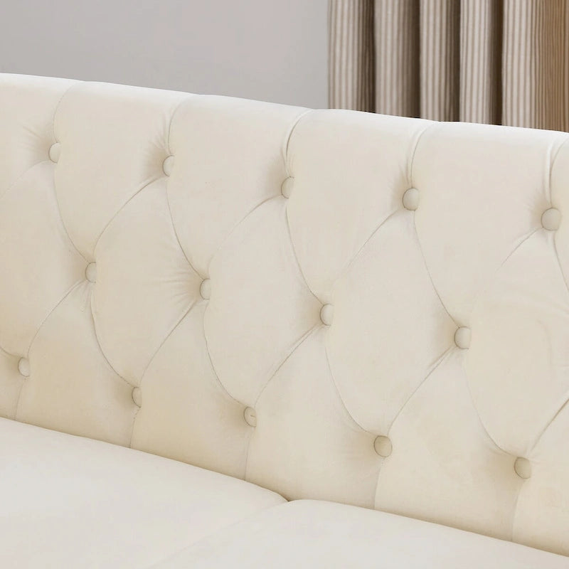 Beige Velvet Chesterfield Loveseat Sofa, Rolled Arms, Nailhead Trim
