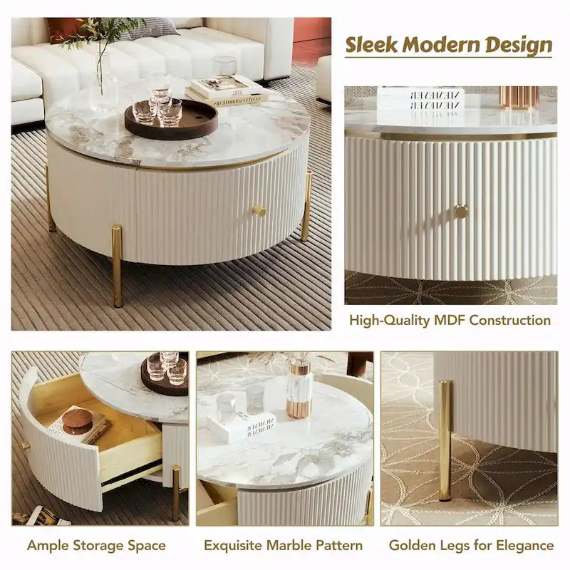 31.5  Modern Round Coffee Table with Large Drawer Storage
