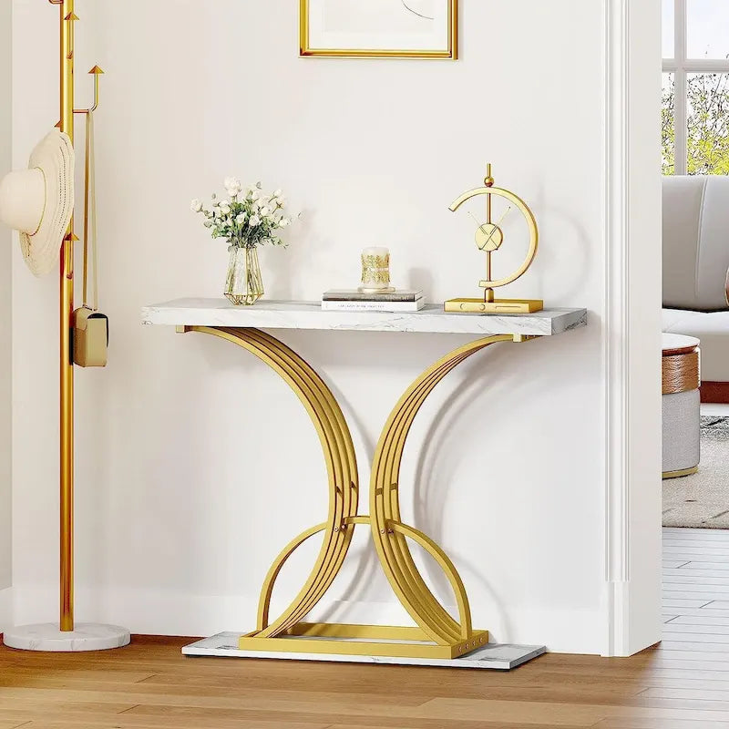 Moasis 39  Modern Faux Marble Console Table with Gold Base, Entryway Sofa Table for Living Room