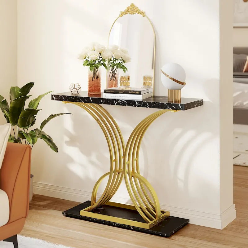 Moasis 39  Modern Faux Marble Console Table with Gold Base, Entryway Sofa Table for Living Room