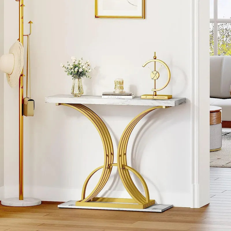 Moasis 39  Modern Faux Marble Console Table with Gold Base, Entryway Sofa Table for Living Room